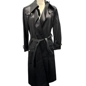 Women's 1980s Lord & Taylor Black Satin Belted Trench Coat Size M